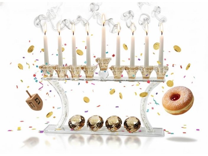חנוכיה 4 יהלומים קריסטל 37x20 ס"מ סדרת גולד טופ