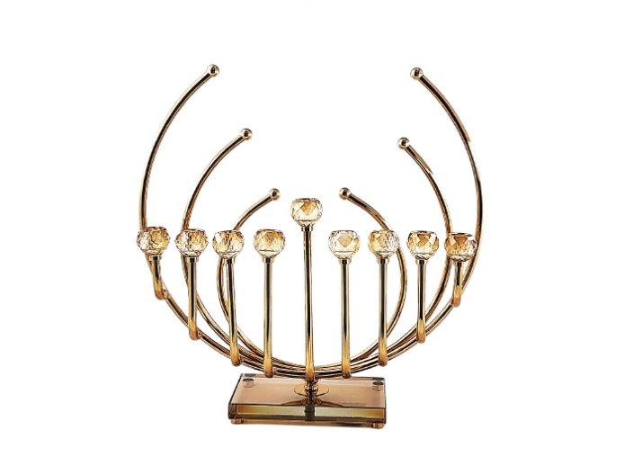 חנוכיה מוזהבת קשת עם קנים מקריסטל 38x42 ס"מ