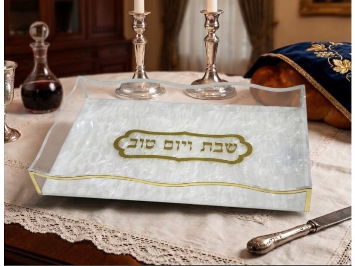 מגש חלה אקריל שיש לבן 20x35 ס"מ