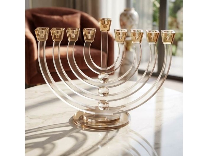 חנוכיה קריסטל 33x27 ס"מ קנים מוזהבים סדרת אמבר