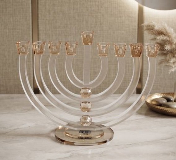 חנוכיה קריסטל - מנורה שקוף וכדורים על בסיס וקני אמבר קריסטל 33X27 ס"מ