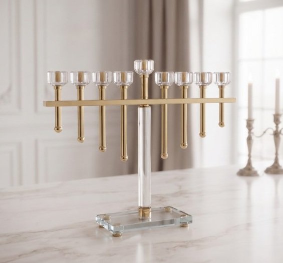 חנוכיה קריסטל- זהב מתכת עמודים קני קריסטל 40X33 ס"מ בסיס קריסטל